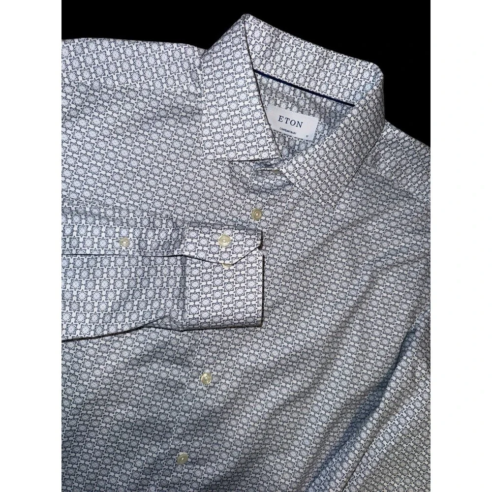 Eton Contemporary Long Sleeve Blue Geometric Size XL 43 17 Collar‎ Formal